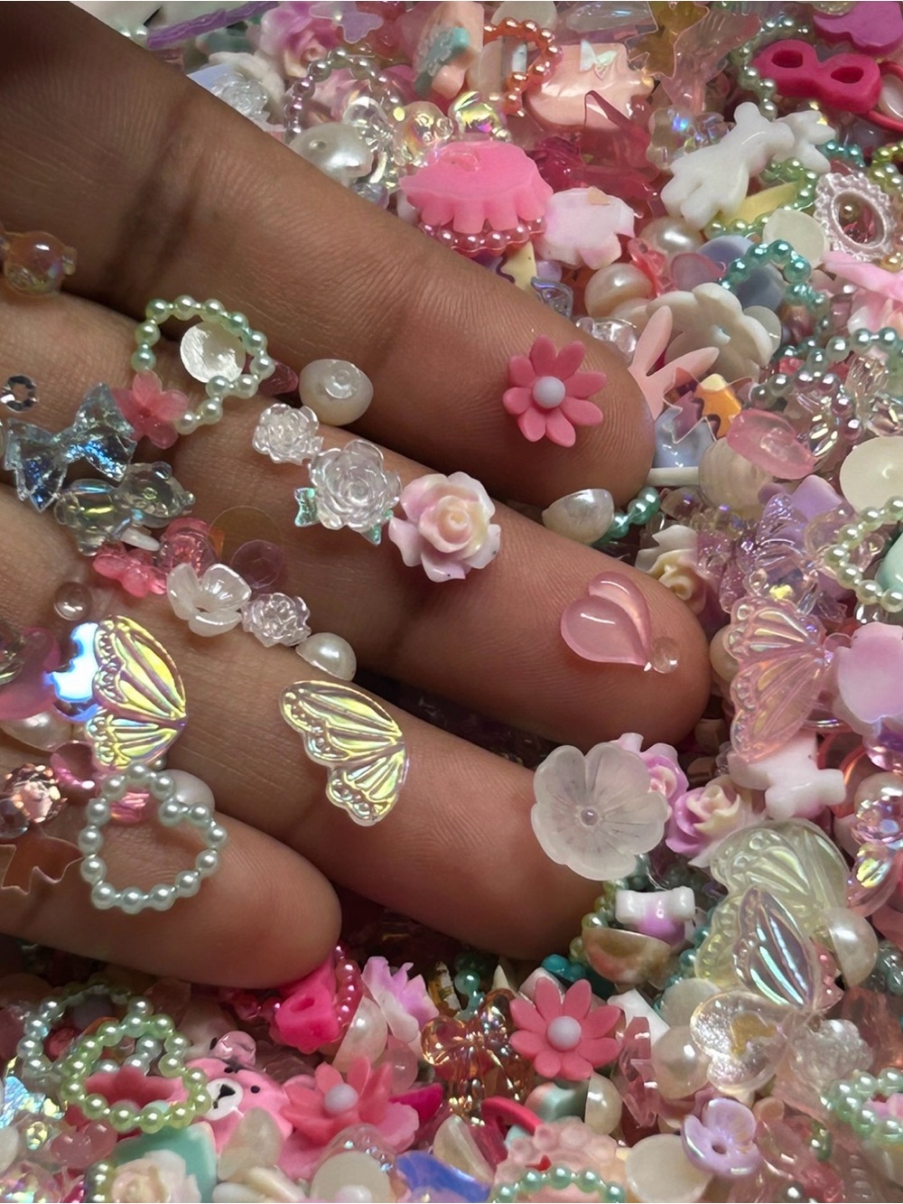 Pink mix Flower nail art & Iridescent Butterfly Charm Set - Women Jewelry